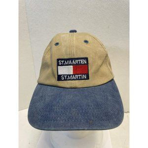 Vintage St. Maarten St. Martin StrapBack Hat Cap Hilfiger Flag Denim - Tan Blue